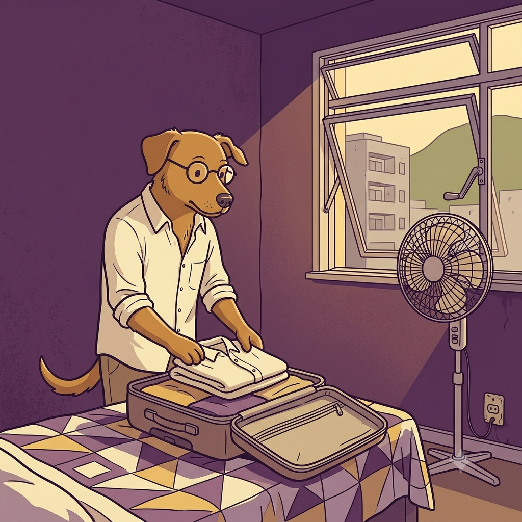 Jup dobrando uma camisa com cuidado, no quarto de sempre.